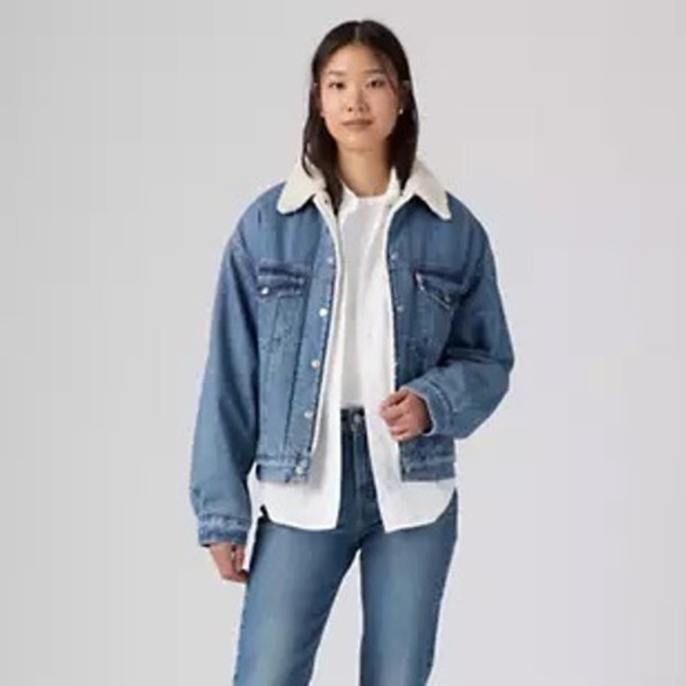 Levis Blue 90s Denim Trucker Jacket Small Sherpa Lined Country Cowgirl MSRP $108